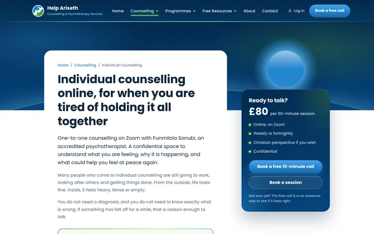 Individual counselling, with the booking panel in view