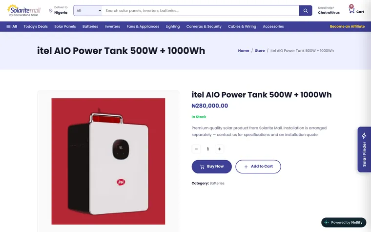 A product page with price, stock and buy options