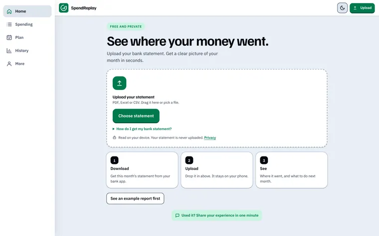 The start screen: upload a statement or open an example